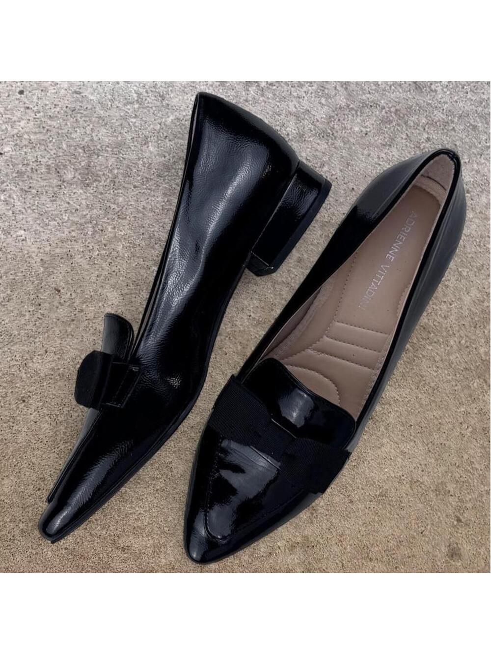 Adrienne Vittadini Pauletta Black Patent Faux Leather Bow Loafers Size 8